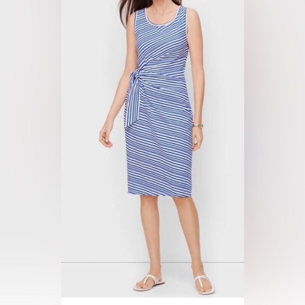 Talbots Blue White Striped Cotton Side Tie Sleeveless Shift Dress lightweight L